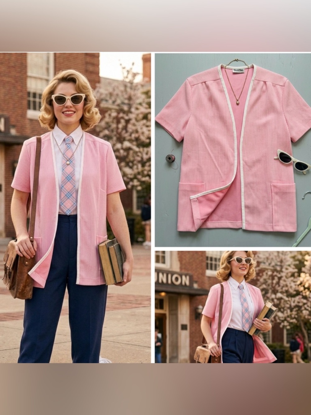 Vintage 70s Booth Bay Pink Striped Knit Cardigan Short Sleeve Pockets Cottage M